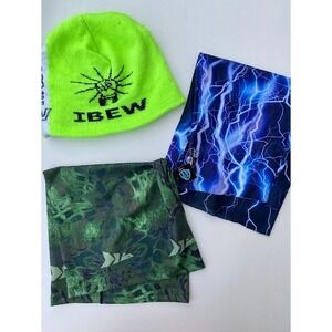 Mens IBEW Neon Beanie and SA Fishing Face Shield Neck Gaiter Bundle 3pc